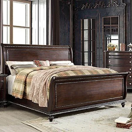 Transitional Sleigh Eastern King Bed with Carved Edge Accents