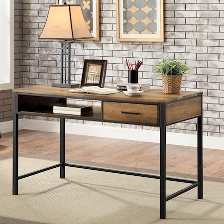 Industrial Wood and Metal Writing Desk with 1 Drawer and 1 Open Shelf