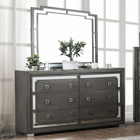 Contemporary 6-Drawer Dresser and Mirror Combination with Felt-Lined Top Drawers