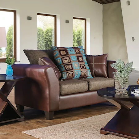 Contemporary Two Tone Loveseat with Faux Leather and Scatter Pillows