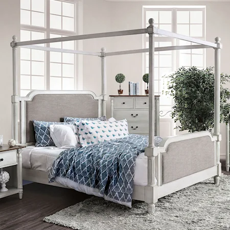 Transitional California King Canopy Bed with Upholstered Headboard and Footboard