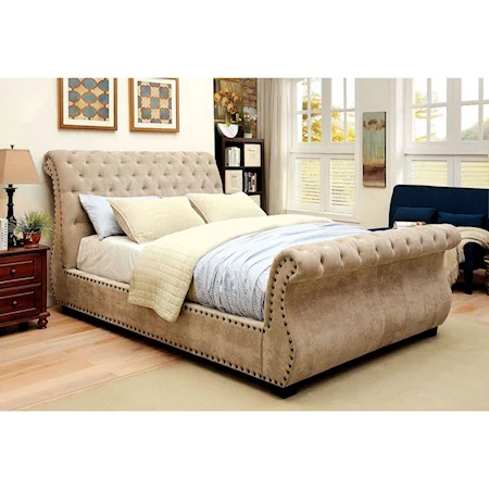 California King Upholstered Sleigh Bed with Tufting and Nailhead Trim