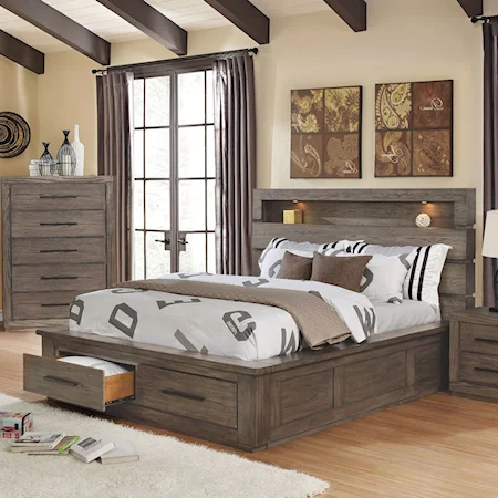 Transitional King Storage Bed with 2 Footboard Drawers and Open Shelf