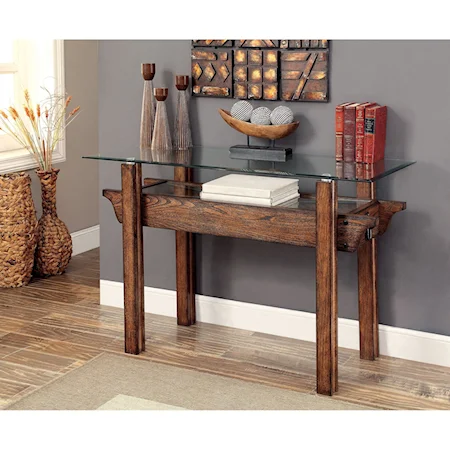 Rustic Industrial Sofa Table with Glass Top and One Shelf