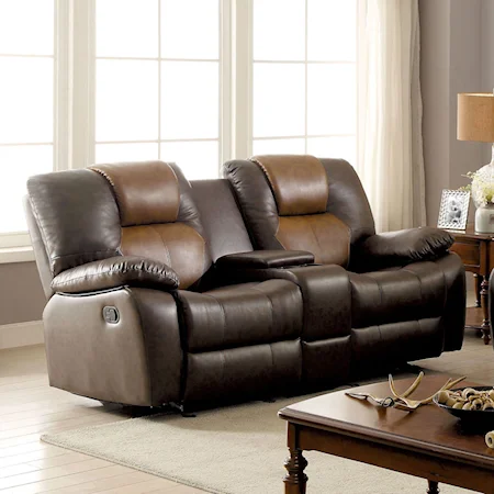 Casual Two Tone Reclining Loveseat with Cupholder Storage Console