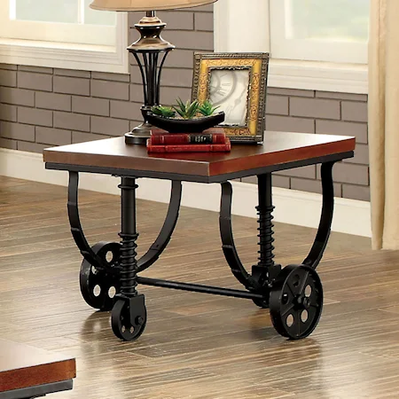 Industrial End Table with Fixed Caster Wheels