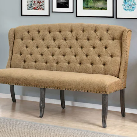 Transitional 3-Seater Upholstered Bench with Tufted Back and Nailhead Trim