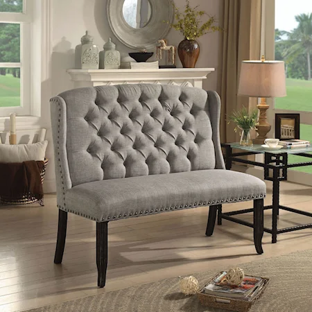 Transitional Upholstered Love Seat Bench with Tufted Back Nailhead Trim