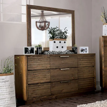 Rustic 6-Drawer Dresser and Mirror Combination with Felt-Lined Top Drawers