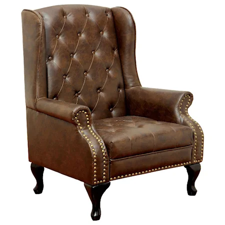 Wing Back Accent Chair in Rustic Brown Leatherette
