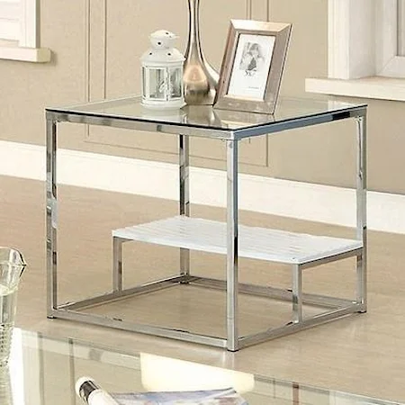 Glass Top End Table with Wood Accent Shelf
