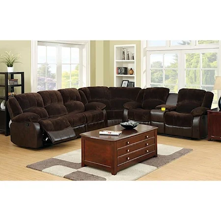 Casual Three Piece Reclining Sectional Sofa with Cupholder Storage Console