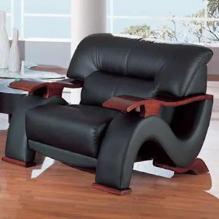 Contemporary Leather Chair with Exposed Wood Arms
