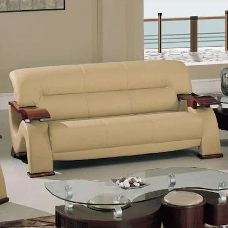 Contemporary Leather Sofa with Exposed Wood Arms