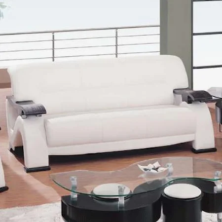 Contemporary Leather Sofa with Exposed Wood Arms