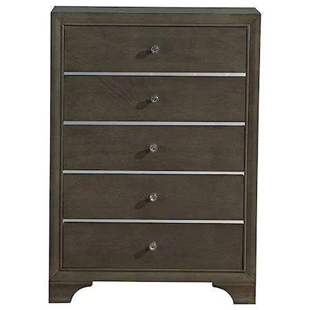 Transitional Gray 5 Drawer Chest with Faux Crystal Drawer Pulls