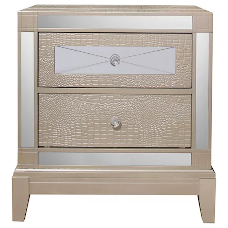 Glam Faux Croc 2 Drawer Nightstand with Decorative Mirror Panels