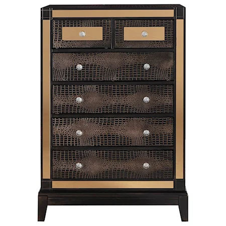 Glam Faux Croc 6 Drawer Chest with Decorative Mirror Panels