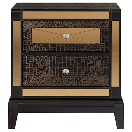 Glam Faux Croc 2 Drawer Nightstand with Decorative Mirror Panels
