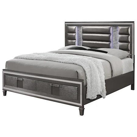 Glam Metallic Gray Queen Upholstered Bed with Storage Drawers and LED Touch Lighting