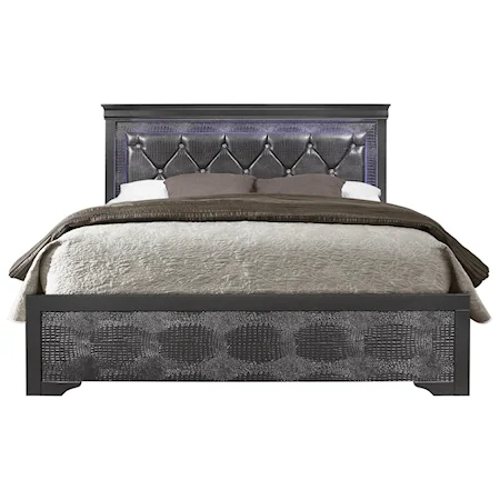 Transitional Queen Upholstered Bed with Faux Croc Pattern and LED Lights