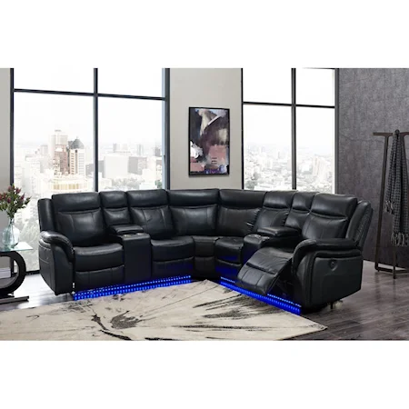 Casual Power Reclining Sectional Sofa with Storage Console, Cup Holders, and LED Lighting