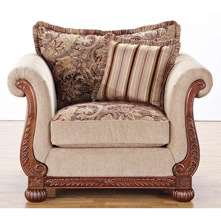 Traditional Rolled Arm Chair with Wood Trim