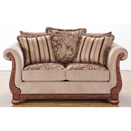 Traditional Rolled Arm Loveseat with Decorative Wood Trim