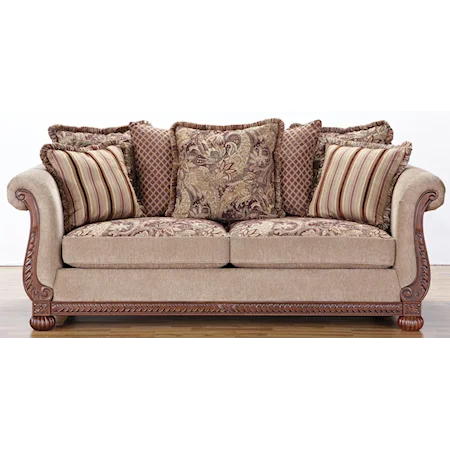 Traditional Rolled Arm Sofa with Decorative Wood Trim