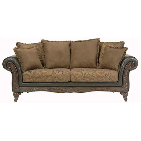 Sofa with Solid Wood Hand Carved Trim & Legs