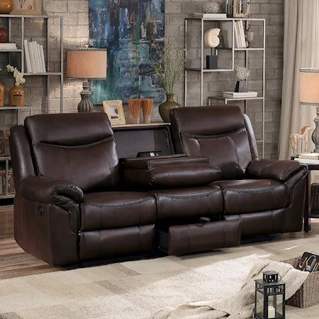 Casual Reclining Sofa with Drop-Down Cupholders and Concealed Drawer