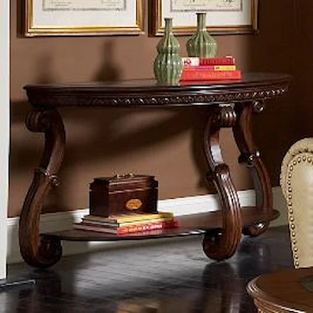 Traditional Warm Cherry Sofa Table with Glass Inlay