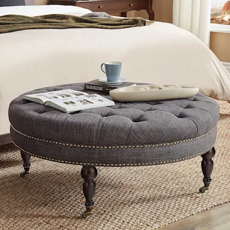 Traditional Round Tufted Bench Ottoman with Casters