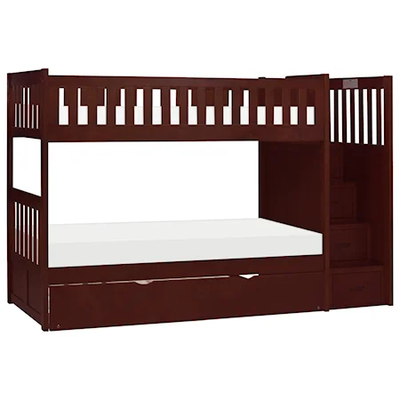 Casual Twin Over Twin Bunk Bed with Trundle and Reversible Step Storage