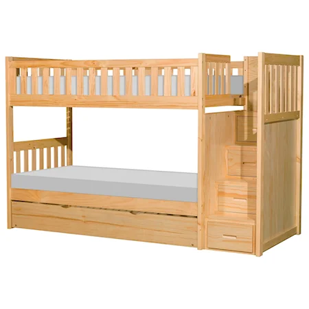 Casual Twin Over Twin Bunk Bed with Trundle and Reversible Step Storage