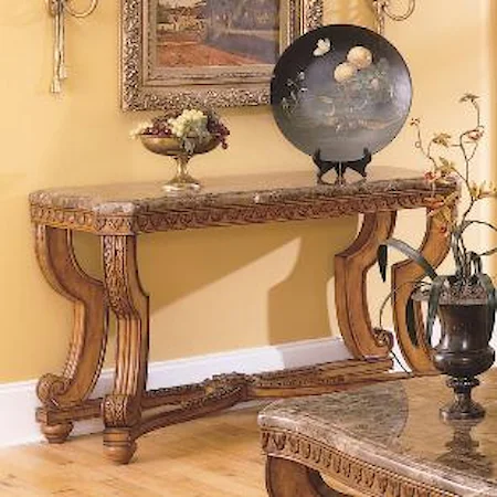 Traditional Burnished Brown Cherry & Marble Sofa Table