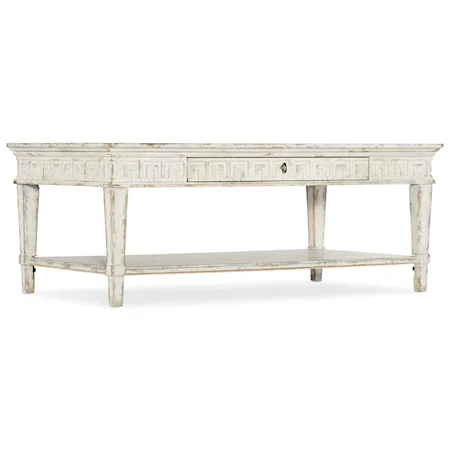 Relaxed Vintage Rectangular Cocktail Table with Drawer and Shelf