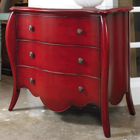 3-Drawer Red Caliente Chest with Shaped Legs & Base and Patterened Drawer Lining