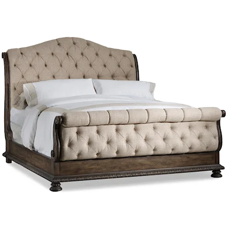 King Size Tufted Sleigh Bed with Exposed Wood Frame
