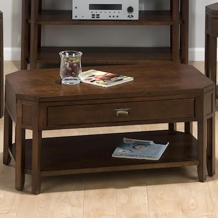 Eight Leg Cocktail Table w/ Pull-Through Drawer and Shelf