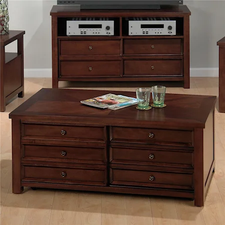 Double Header Cocktail Table with Pull Through Drawers