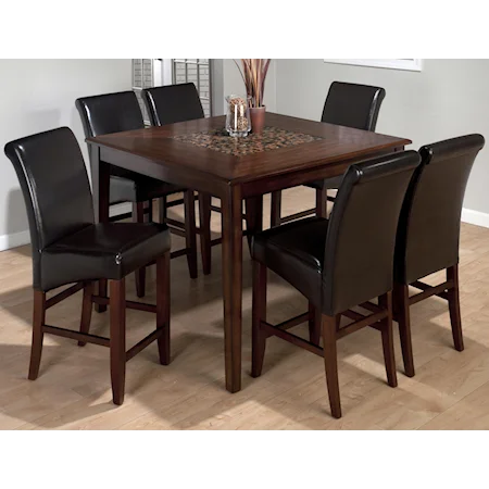 7-Piece Contemporary Square Counter Height Table & Bonded Leather Bar Stool Set