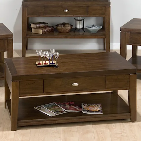 Rectangle Cocktail Table with Pull-Thru Drawer, Shelf & Casters