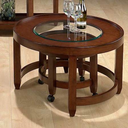 Round Cocktail Table with Inset Beveled Glass and Tapered Leg with Pull-Out Castered Nesting Table