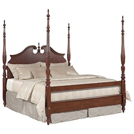 King Rice Carved Poster Bed with Pediment Headboard and Blanket Rail Footboard