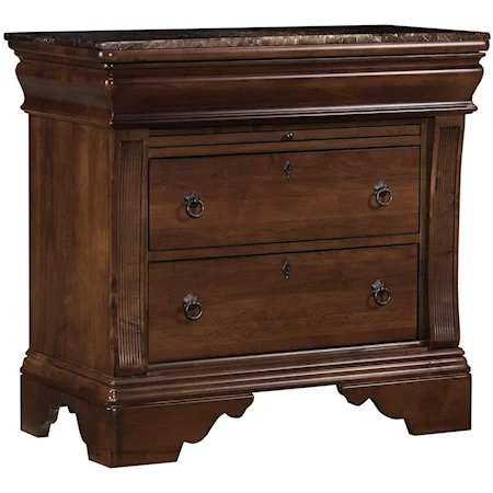 Three-Drawer Marble Top Bedside Chest with Pullout Laminate Shelf & Traditional Bracket Feet