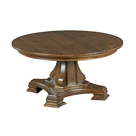 Round Solid Wood Cocktail Table with Tuscan-inspired Carved Pedestal Base