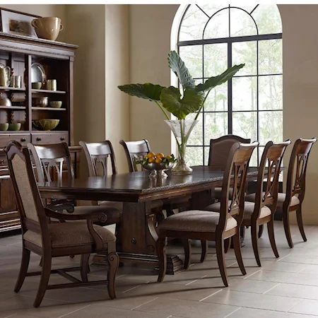 Nine Piece Trestle Table, Harp Back Chairs, and Upholstered Host Chairs Set