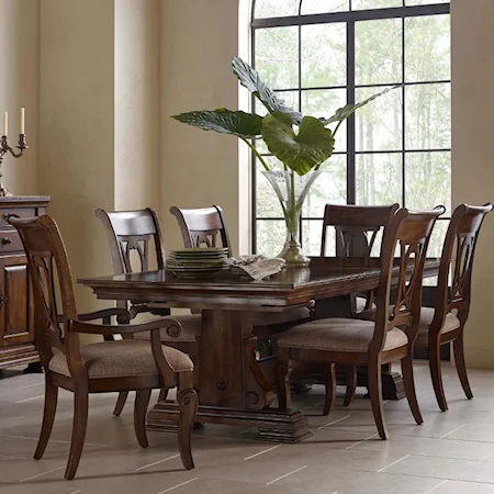 Seven Piece Trestle Table and Harp Back Chair Set