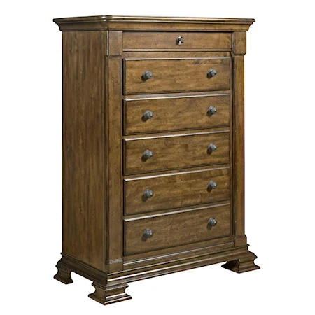 Solid Wood Drawer Chest with Carved Pilasters and Brass Keyplate Hardware